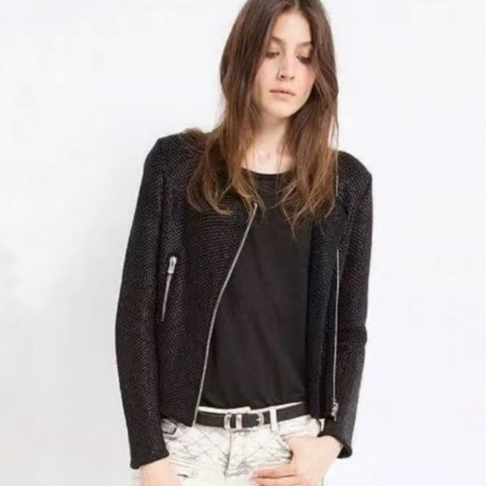 MAJE EMPIRE SHIMMERY BLACK KNIT SILVER ZIPPER MOTO BLAZER JACKET - Picture 11 of 12